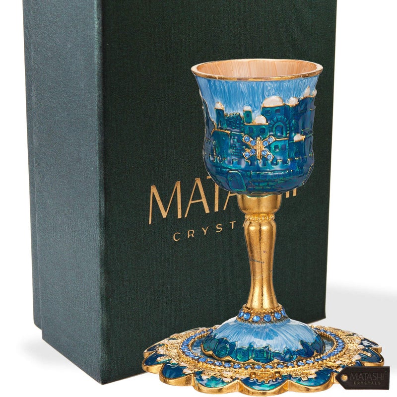 Matashi Hand-Painted Enamel Tall 5" Kiddush Cup Set with Stem and Tray Embellished with Crystals, Jerusalem Cityscape for Weddings Shabbat Havdalah Passover Goblet Judaica Gift - Image 2